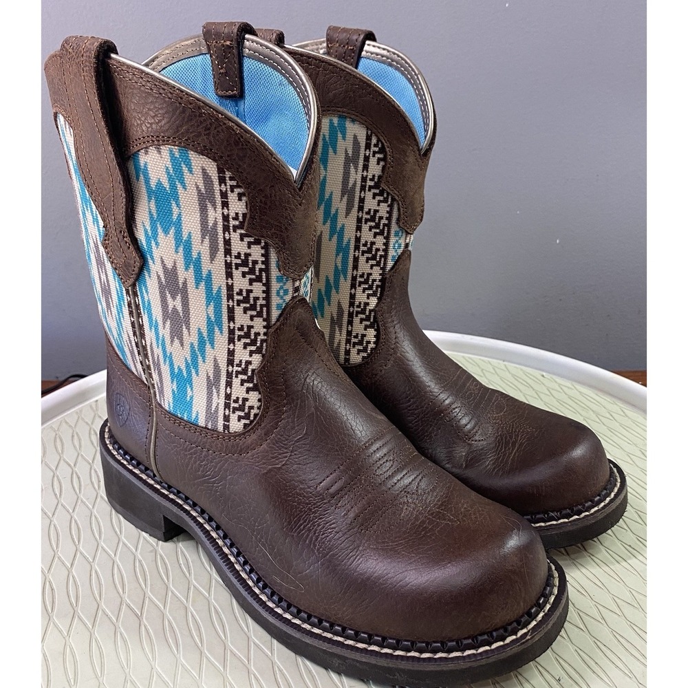 ARIAT Womens FatBaby Leather Blue&Brown Cowboy Western Native Aztek Boots 6B